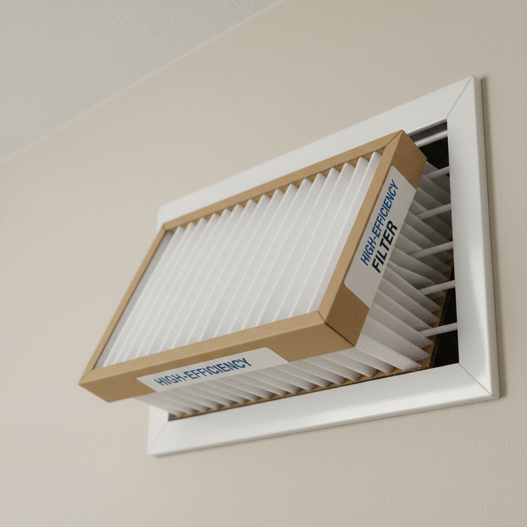 A photographic macro-level view of a brand-new pleated HVAC air filter partially slid out from a clean, white metal return grille. The filter’s bright white pleats and rigid cardboard frame show no dust, with sharp, geometric lines that imply high efficiency. The return grille is embedded in a smooth, light-beige wall, perfectly aligned and free from scuffs. Gentle, diffused indoor lighting from above casts subtle linear shadows across the pleats, enhancing their texture. Shot from a close, three-quarter angle, the focus is razor-sharp on the filter while the surrounding wall falls slightly soft. The mood is fresh, preventative, and professional, underscoring the importance of routine maintenance in maintaining home comfort and air quality.