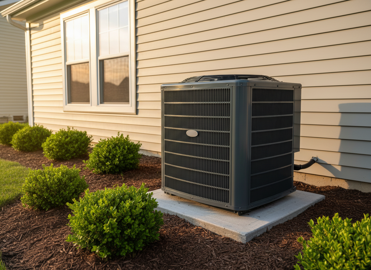 A bright, neatly maintained suburban home exterior with a modern, dark-gray central air conditioning condenser unit positioned on a level concrete pad beside the house. The unit’s metal housing is clean, with straight fins and a sturdy fan grille, surrounded by freshly mulched landscaping and low, well-trimmed shrubs. The home’s light siding and double-pane windows provide a subtle backdrop. Late afternoon natural light bathes the scene with a gentle golden tone, creating soft highlights on the condenser’s edges and delicate shadows on the ground. Photographic realism from a slightly low, three-quarter angle emphasizes the solid construction and proper clearance around the unit. The mood is dependable, efficient, and quietly powerful, reinforcing outdoor reliability and professional installation.