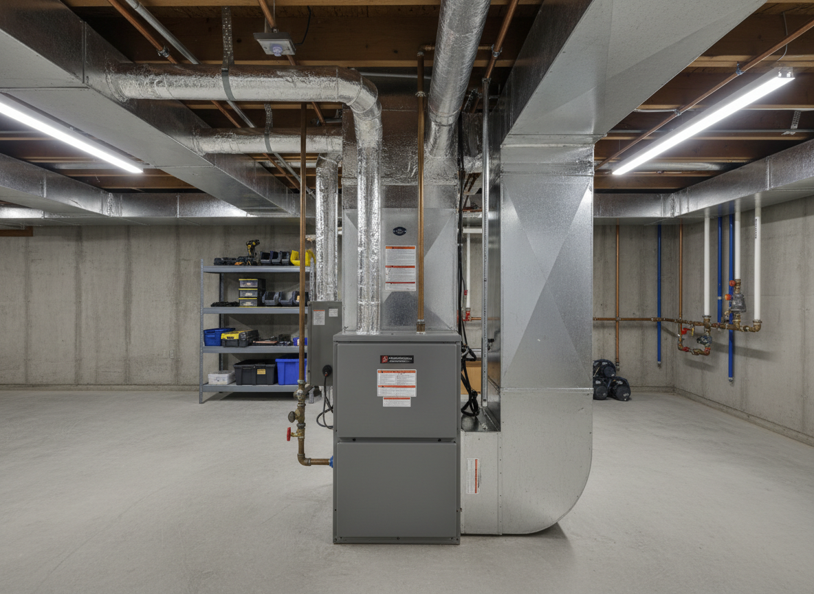 A tidy, well-lit residential basement mechanical room featuring a brand-new, silver-gray high-efficiency furnace and air handler unit standing on a clean concrete floor, with neatly run insulated ductwork extending overhead. The metal surfaces show a subtle satin sheen, and all labels, access panels, and safety stickers are clearly visible yet not distracting. Cool-white LED workshop lighting illuminates the space evenly, eliminating harsh shadows and emphasizing order and cleanliness. The composition is centered with a slightly elevated angle, keeping the main equipment in sharp focus while background elements like an organized tool shelf and labeled pipes softly fade. The mood is reassuring, professional, and methodical, illustrating trustworthy installation and meticulous home service.