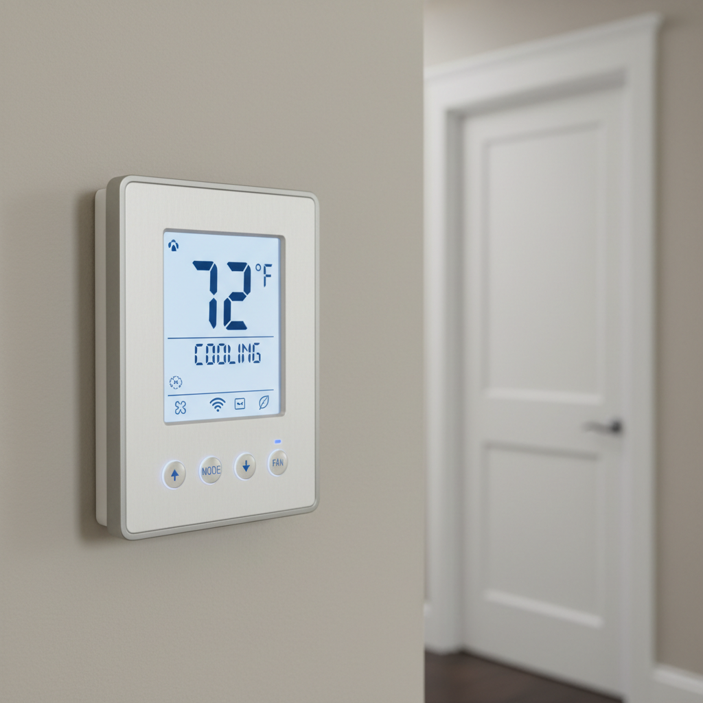 A detailed close-up of a high-efficiency residential HVAC thermostat mounted on a smooth, light-neutral wall, its bright, clear digital display showing a precise indoor temperature and cooling mode. The thermostat has a brushed white and silver finish with crisp, legible controls that imply smart functionality and instant adjustments. In the soft-focus background, there is a glimpse of an organized hallway with clean baseboards and a closed white door. Cool, even ambient lighting creates minimal shadows and a calm, controlled atmosphere. Captured with a shallow depth of field and a slightly angled, side-on composition for photographic realism, the image conveys precision, reliability, and professional-grade home comfort management.