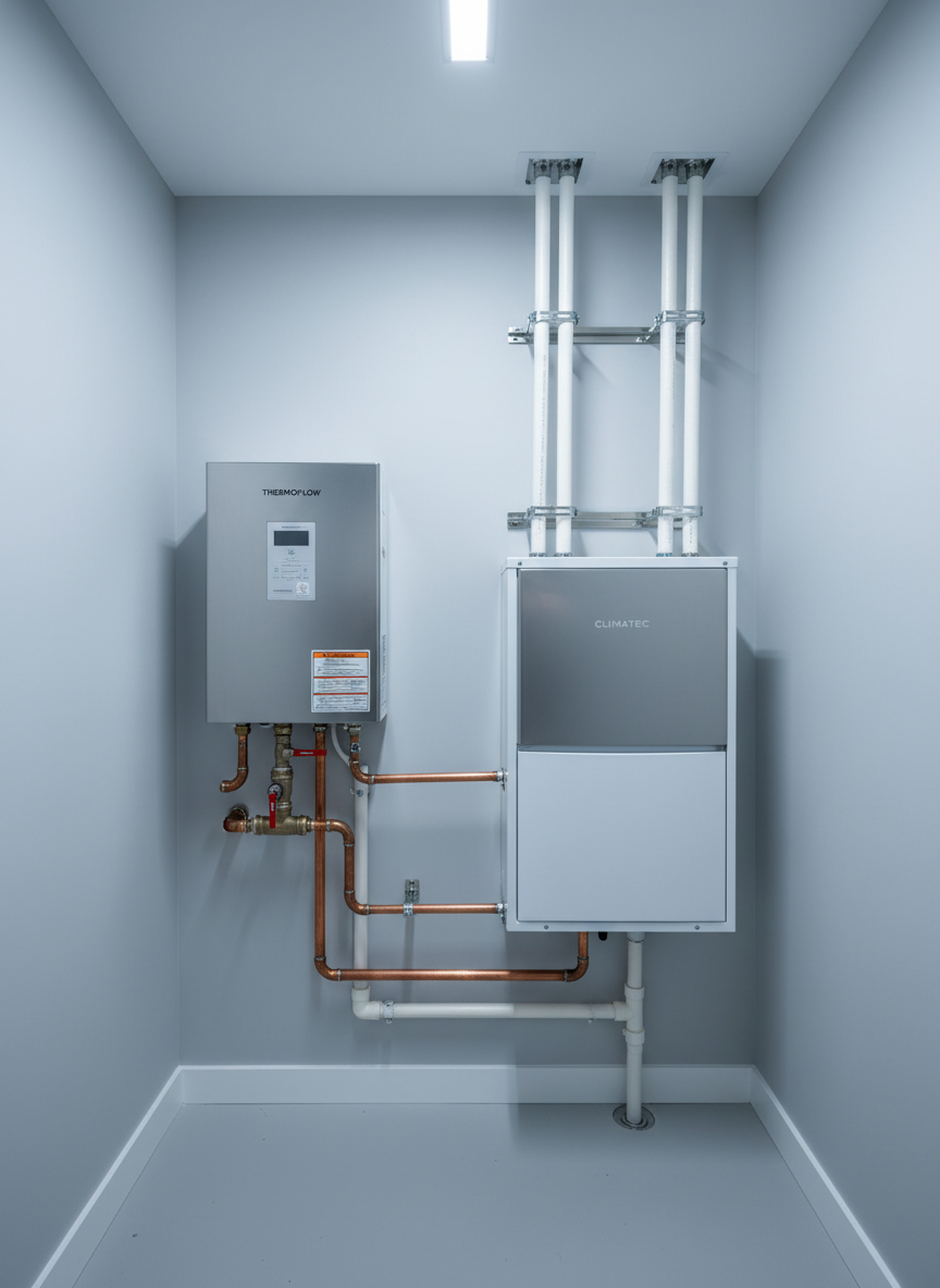 A compact utility closet featuring a modern tankless water heater and adjacent HVAC air handler installed with impeccable craftsmanship. The units have clean white and brushed-metal casings, with neatly organized copper piping, PVC condensate lines, and insulated refrigerant lines secured along the wall. The closet interior is painted a crisp light gray, with a smooth, scuff-free finish and a spotless vinyl floor. Cool, even LED lighting from above highlights the precision of the installation, casting soft shadows behind the pipework for depth. Shot from a slightly elevated, straight-on perspective with photographic realism and sharp focus, the composition emphasizes order, efficiency, and integrated home services, reinforcing a professional, trustworthy, all-in-one comfort solution.