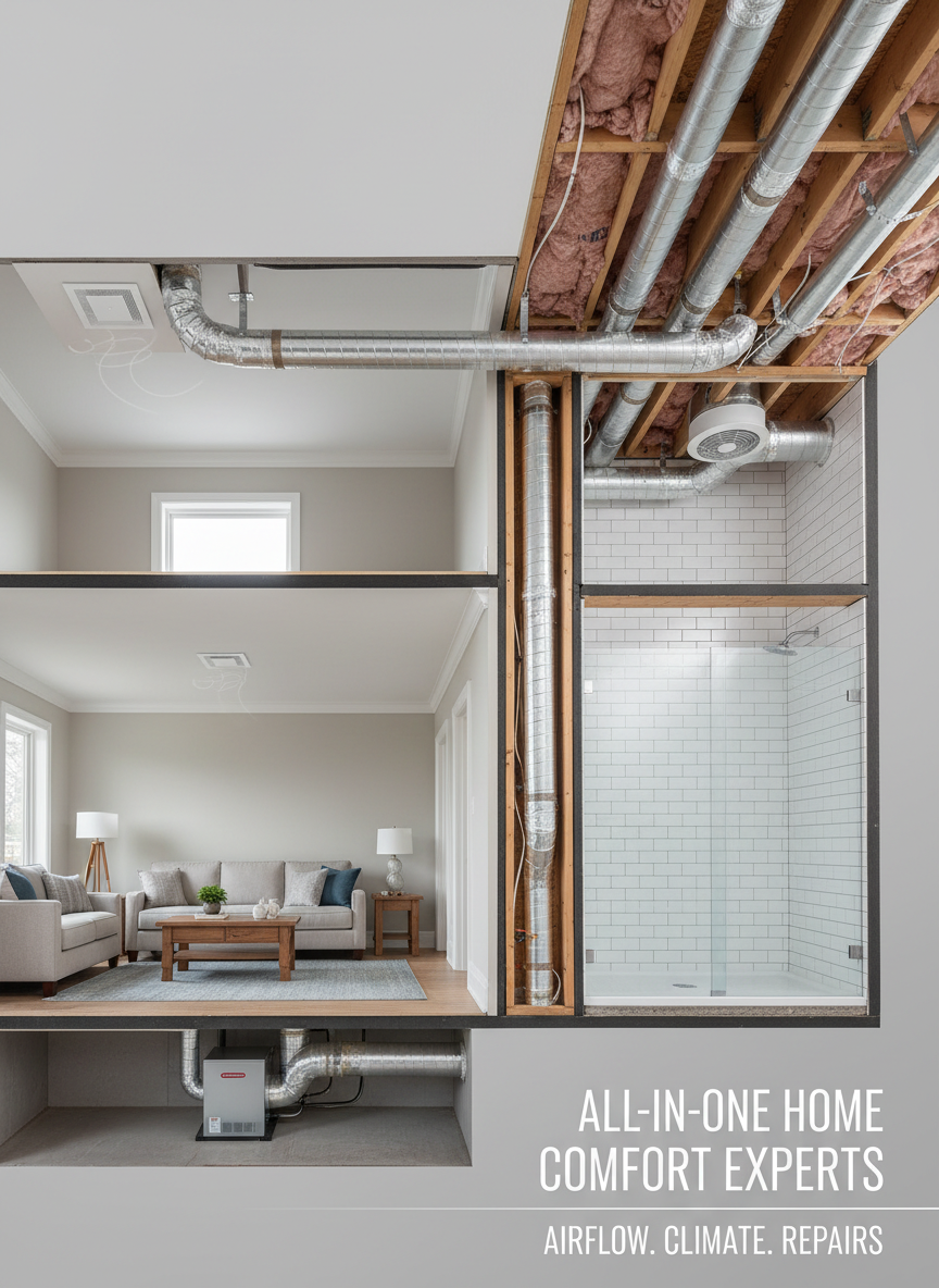A cutaway-style photographic scene of a two-story home interior, visually divided to show multiple HVAC services in one view: a discreet ceiling supply vent in a cozy living room, a bathroom exhaust fan, and a well-sealed attic duct run. Each component appears realistically integrated into the structure, with insulation, framing, and vents clearly depicted yet cleanly organized. Neutral wall colors and simple furnishings keep attention on the systems. Soft, balanced studio-style lighting ensures all areas are evenly illuminated, with subtle gradients creating depth. Captured in a wide, illustrative composition with sharp focus throughout, the mood is informative, professional, and reassuring, presenting the concept of an all-in-one home services partner handling airflow, comfort, and repairs with expertise.