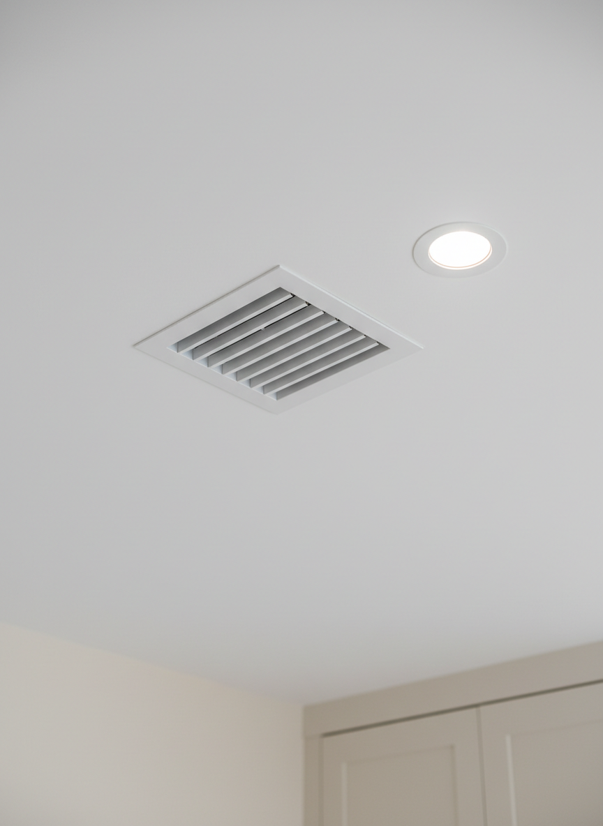 A close, detailed photographic view of a clean, rectangular ceiling supply vent with crisp white metal louvers installed in a freshly painted smooth ceiling, adjacent to a subtle recessed LED light. The vent blades are dust-free and evenly spaced, hinting at a well-maintained HVAC system. Soft, cool-white ambient lighting fills the room, with a slight gradient shadow around the vent edges that adds depth without distraction. The background falls into a gentle, creamy blur of an understated room corner with a built-in cabinet, ensuring the vent remains the primary focus. Captured at a slight diagonal angle with shallow depth of field, the atmosphere is calm, hygienic, and refined, suggesting quiet, efficient airflow and professional maintenance.
